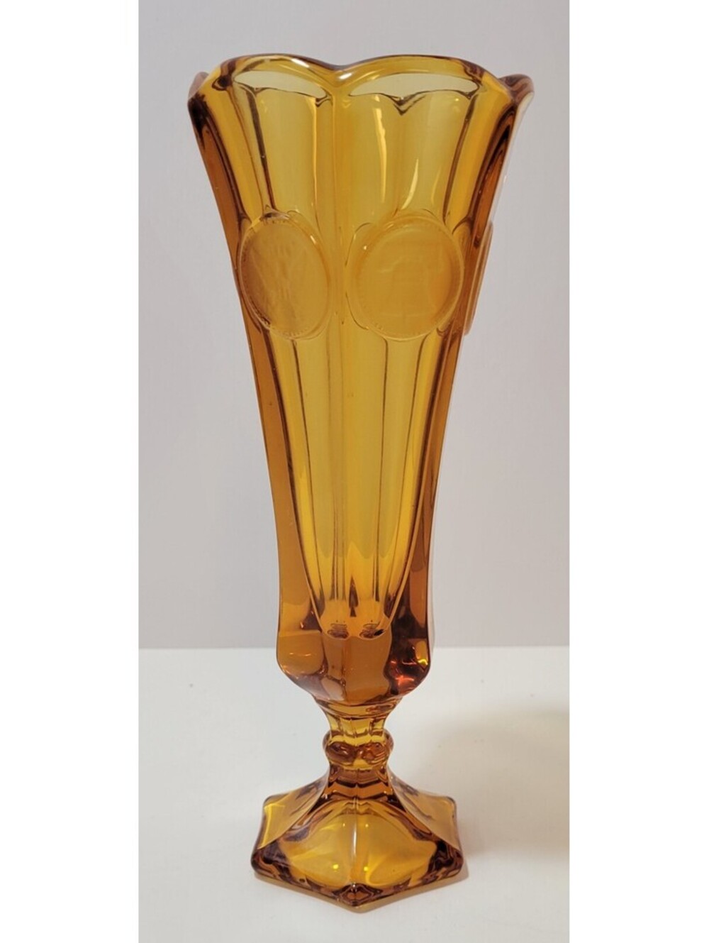 Vintage Fostoria Coin Glass Amber Bud Vase 8" Fluted Made in the USA
